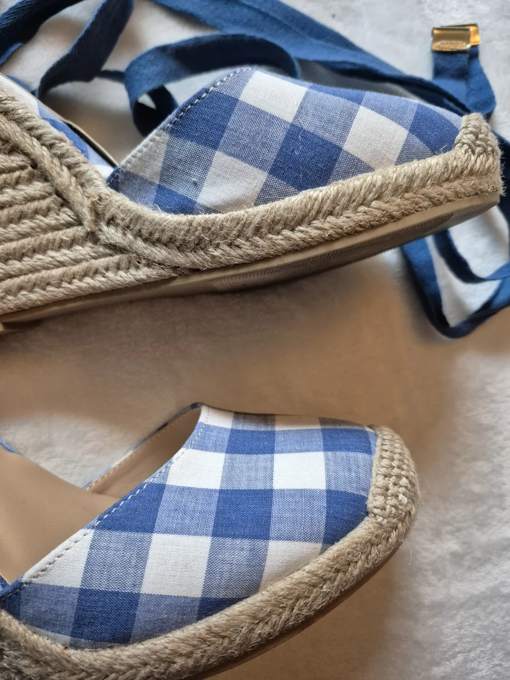 JustFab Blue and White Gingham Espadrille Wedge Sandals with Ankle Wraps